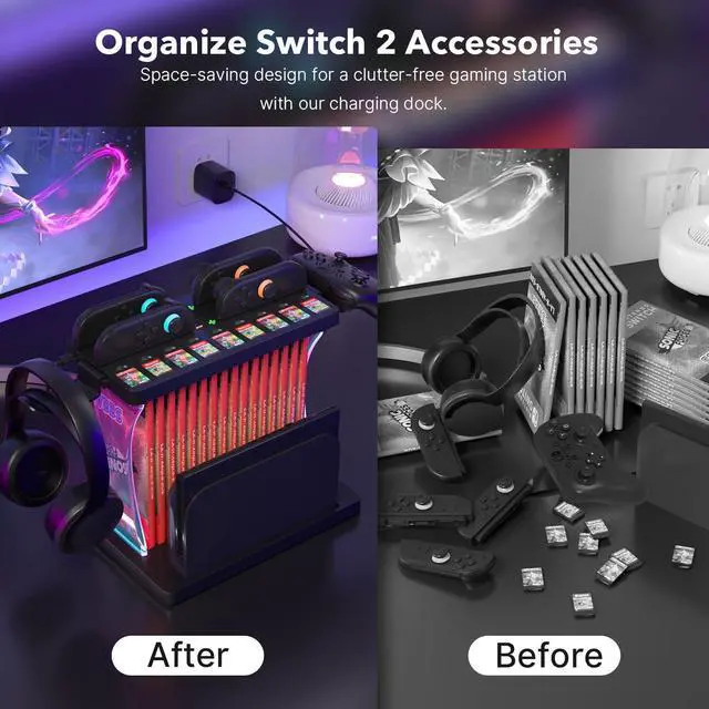 Alt view image 6 of 7 - WERLEO Games Organizer Station with Controller Charger, Charging Dock for Nintendo Switch 2, Display Rack Holder for Switch 2 Dock, Game Cases & Pro Controllers, Accessories Stand with RGB Lighting