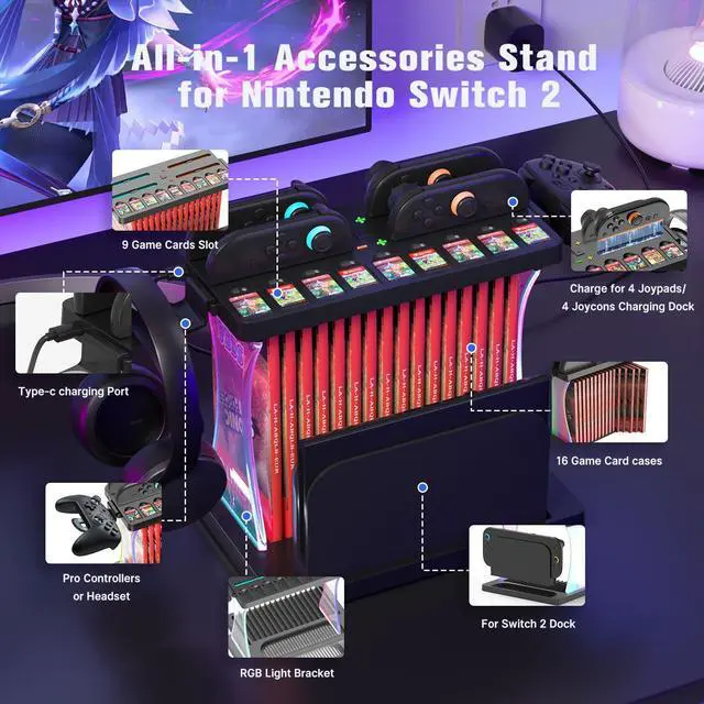 Alt view image 2 of 7 - WERLEO Games Organizer Station with Controller Charger, Charging Dock for Nintendo Switch 2, Display Rack Holder for Switch 2 Dock, Game Cases & Pro Controllers, Accessories Stand with RGB Lighting