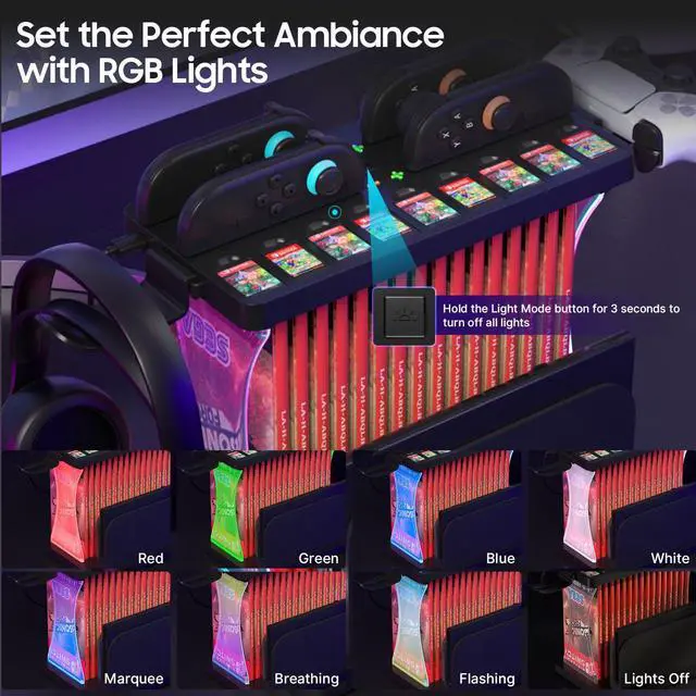 Alt view image 3 of 7 - WERLEO Games Organizer Station with Controller Charger, Charging Dock for Nintendo Switch 2, Display Rack Holder for Switch 2 Dock, Game Cases & Pro Controllers, Accessories Stand with RGB Lighting