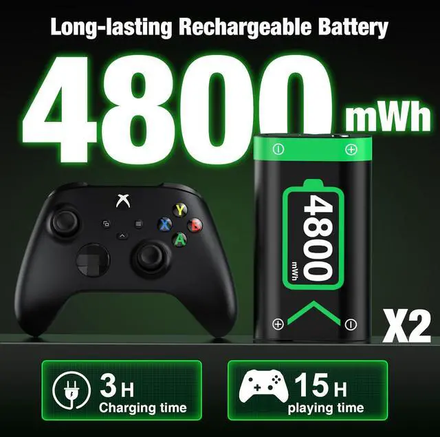 Alt view image 2 of 7 - WERLEO 2 Pack Xbox Battery Rechargeable, 4800mWh Xbox Controller Battery Pack USB Xbox Controller Charger Station for Sega Saturn Accessories Xbox Series S/X/Xbox One/One Elite Controller