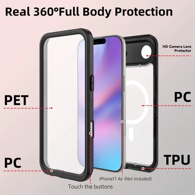 Alt view image 4 of 7 - WERLEO For iPhone 17 Air Case Waterproof, Compatible with MagSafe Built-in Screen & Camera Protector Camera Control Button IP68 Underwater Full Body Military Dropproof Shockproof Phone Cover