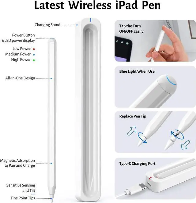 Alt view image 6 of 6 - WERLEO Stylus Pen for iPad with Wireless Charging - Active Apple Pencil Compatible with iPad Pro 11/12.9/13, iPad Air 13/11, iPad 6/7/8/9/10th Gen, iPad Air 3/4/5 Gen, iPad Mini 5/6th Gen
