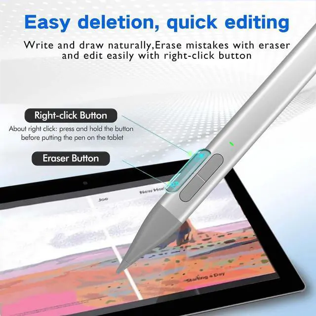 Alt view image 4 of 7 - Slim Pen 2 for Microsoft Surface with 4096 Pressure, Eraser & Right-Click, Palm Rejection,Graphite Nib,for Surface Pro 12/11/10/9/8/7/6/5/4/X,Surface Go 4/3/2,Book 3/2/1,Laptop1-6,Surface Studio 2+/2