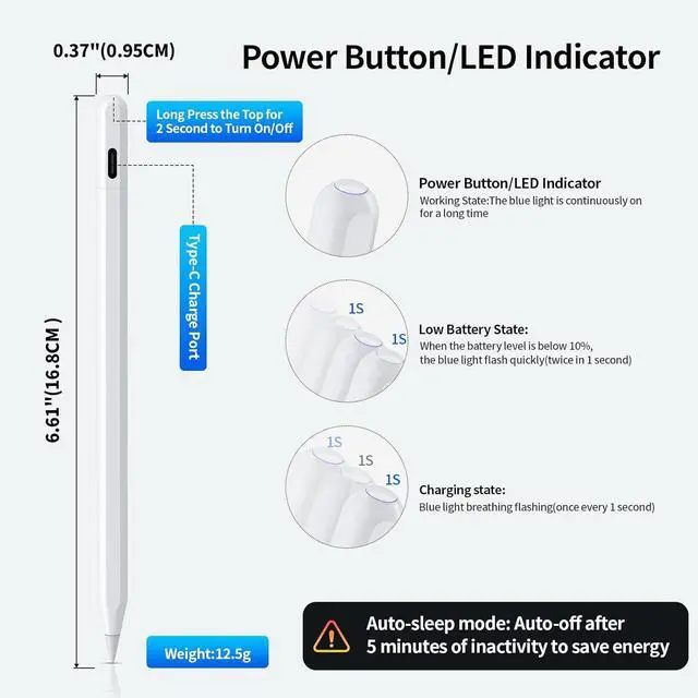 Alt view image 6 of 7 - WERLEO Findmy Stylus Pen for Apple iPad Pencil, USB-C Fast Charge for iPad Pen with Shortcuts/Tilt Sensitivity, Work 2018-2025 iPad 6/7/8/9/10/A16 & Air 3/4/5/M2, Mini 5/6/7 & Pro 11"/12.9"/M4, White