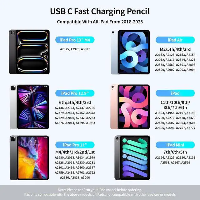 Alt view image 3 of 7 - WERLEO Findmy Stylus Pen for Apple iPad Pencil, USB-C Fast Charge for iPad Pen with Shortcuts/Tilt Sensitivity, Work 2018-2025 iPad 6/7/8/9/10/A16 & Air 3/4/5/M2, Mini 5/6/7 & Pro 11"/12.9"/M4, White