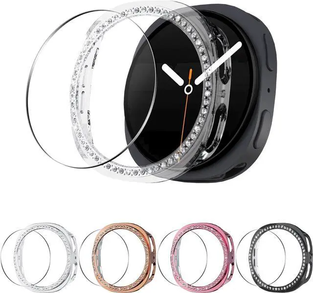 Main image of WERLEO 5+5 Pack Bling Case for Samsung Galaxy Watch 8 44mm Screen Protector, Hard PC Bumper Cover with Tempered Glass, All-around Shiny Rhinestone Case for Samsung Watch 8 44mm Only