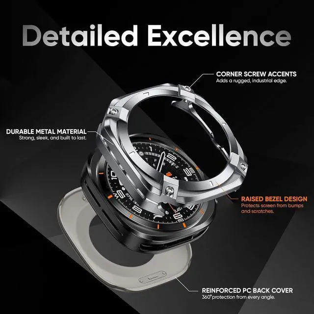 Alt view image 3 of 7 - WERLEO Metal Case for Samsung Galaxy Watch Ultra (2025/2024), Rugged Stainless Steel Protective Bezel with Back Cover, Bumper Cover for Samsung Galaxy Ultra Watch 47mm Silver