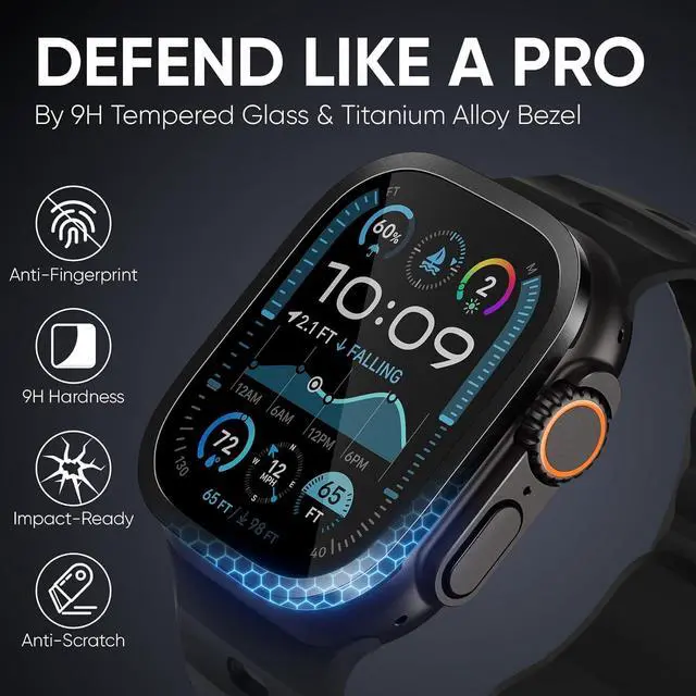 Alt view image 6 of 6 - WERLEO 2 Pack  Screen Protectors for Apple Watch Ultra 2/Ultra 49mm, Waterproof Titanium Matel Frame Keep Original Touch Sensitive 9H Tempered Glass Protective Film for iWatch 49mm