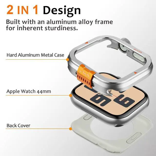 Alt view image 5 of 7 - WERLEO Metal Case Compatible with Apple Watch Series 6/SE/5/4 44mm with Back Cover, Rugged Protective Bumper Cover for iWatch 44mm Silver