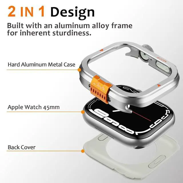 Alt view image 3 of 7 - WERLEO Metal Case Compatible with Apple Watch Series 9/8/7 45mm with Back Cover, Rugged Protective Bumper Cover for iWatch 45mm Silver