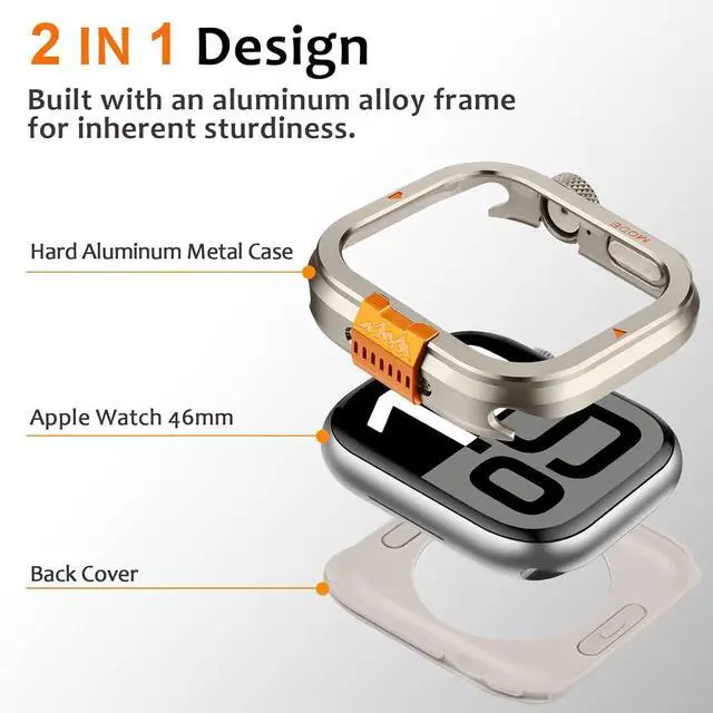 Alt view image 4 of 7 - WERLEO Metal Case Compatible with Apple Watch Series 10 46mm with Back Cover, Rugged Protective Bumper Cover for iWatch 46mm Titanium