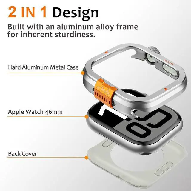 Alt view image 5 of 7 - WERLEO Metal Case Compatible with Apple Watch Series 10 46mm with Back Cover, Rugged Protective Bumper Cover for iWatch 46mm Silver