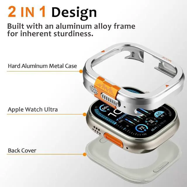 Alt view image 4 of 7 - WERLEO Metal Case Compatible with Apple Watch Ultra 2/Ultra 49mm with Back Cover, Rugged Protective Bumper Cover for iWatch 49mm Silver