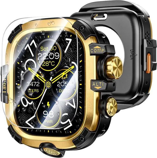 Main image of WERLEO [2 in 1] Case for Apple Watch Ultra 2 Ultra 49mm with Tempered Glass Screen Protector Waterproof Cover, 360° Protective Rugged Metal & PC Bumper for iWatch, 49mm Yellow