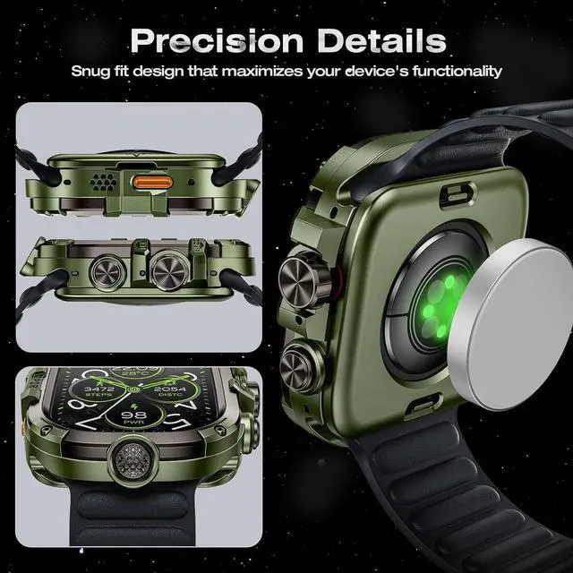 Alt view image 6 of 7 - WERLEO [2 in 1] Case for Apple Watch Ultra 2 Ultra 49mm with Tempered Glass Screen Protector Waterproof Cover, 360° Protective Rugged Metal & PC Bumper for iWatch, 49mm Green