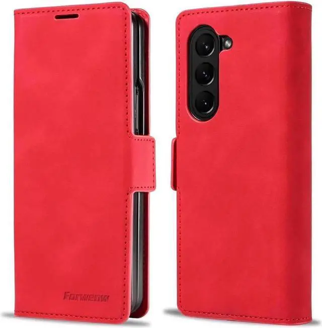 Main image of WERLEO Case for Samsung Galaxy Z Fold 7 Premium PU Leather Phone Cover with Card Holder Stand, Shockproof Flip Wallet Cover Red