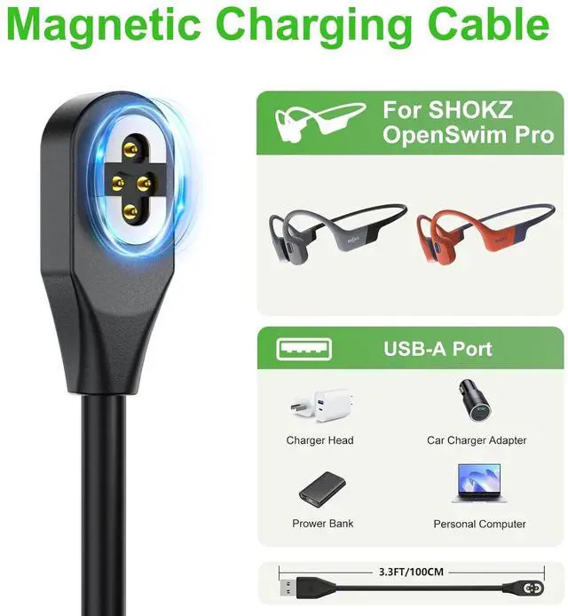 Alt view image 6 of 7 - WERLEO Charging Cable Compatible with SHOKZ OpenSwim Pro S710, Open-Ear Headphones Magnetic USB 4-Pin Charger Cord Cable for Shokz OpenSwim Pro S710(2Pack, 3.3ft)