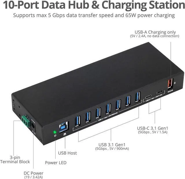 Alt view image 4 of 7 - WERLEO Industrial Powered USB C & USB 3.1 Hub, Splitter, 10 Port, Powered Multiport Hub Expander for Desktop, Laptop, Tablets, Cellphone, External HD, Keyboard and Mouse