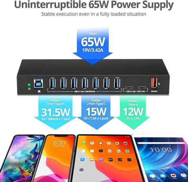 Alt view image 2 of 7 - WERLEO Industrial Powered USB C & USB 3.1 Hub, Splitter, 10 Port, Powered Multiport Hub Expander for Desktop, Laptop, Tablets, Cellphone, External HD, Keyboard and Mouse