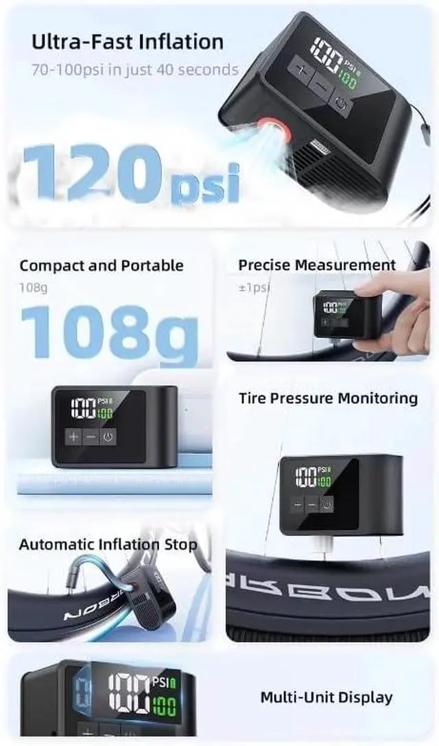 Alt view image 7 of 7 - WERLEO Mini Electric Bike Pump 120 PSI Fast Inflate Pocket Pump with LCD Gauge, Rechargeable Battery & Flashlight Fits Presta & Schrader Valves for Road & Mountain Bikes