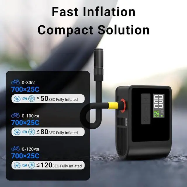 Alt view image 3 of 7 - WERLEO Mini Electric Bike Pump 120 PSI Fast Inflate Pocket Pump with LCD Gauge, Rechargeable Battery & Flashlight Fits Presta & Schrader Valves for Road & Mountain Bikes