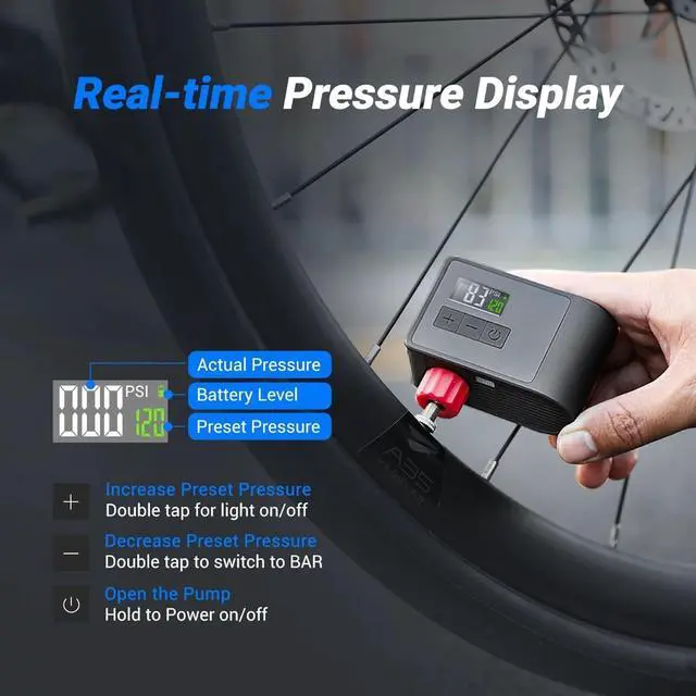 Alt view image 5 of 7 - WERLEO Mini Electric Bike Pump 120 PSI Fast Inflate Pocket Pump with LCD Gauge, Rechargeable Battery & Flashlight Fits Presta & Schrader Valves for Road & Mountain Bikes