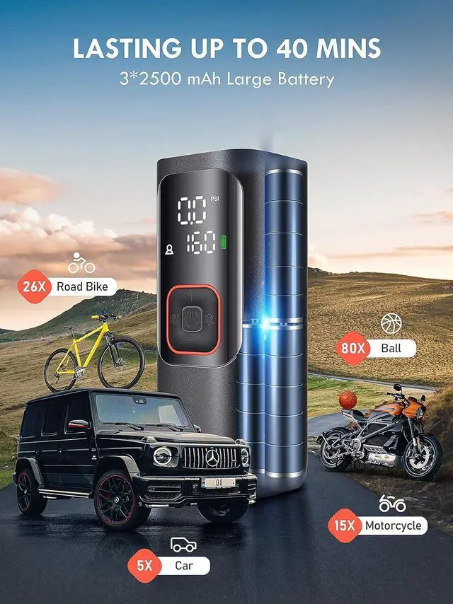 Alt view image 3 of 7 - WERLEO Tire Inflator Portable Air Compressor - Powerful 160PSI & 2X Faster, Accurate Pressure LCD Display, Cordless Easy Operation - Portable Air Pump for Car, Motorcycle, E-Bike, Ball