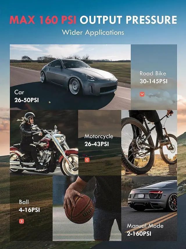 Alt view image 6 of 7 - WERLEO Tire Inflator Portable Air Compressor - Powerful 160PSI & 2X Faster, Accurate Pressure LCD Display, Cordless Easy Operation - Portable Air Pump for Car, Motorcycle, E-Bike, Ball