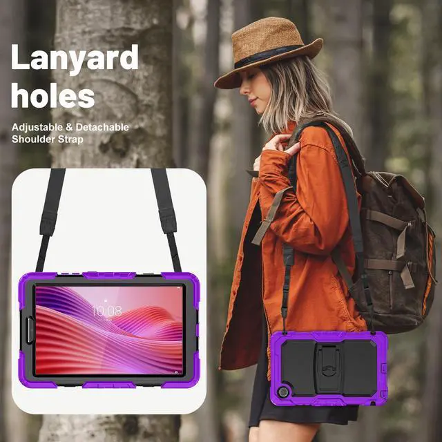Alt view image 6 of 7 - Case for Lenovo Tab One 8.7 inch 2025 / Tab K9 8.7" 2025 TB305XU TB305FU, Heavy Duty Rugged Shockproof Drop Protection Cover with 360 Rotatable Stand, Hand Strap & Shoulder Strap, Stylus Pen Purple