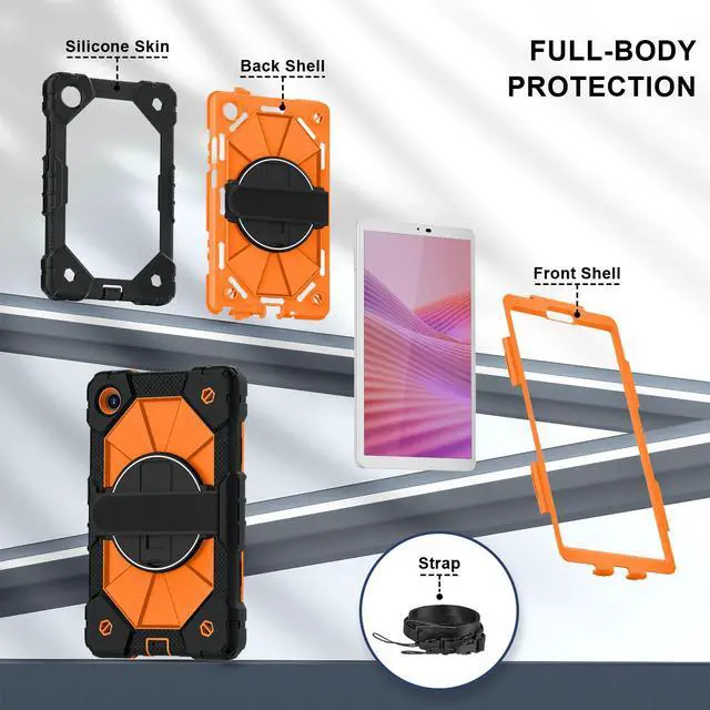 Alt view image 7 of 7 - WERLEO Shockproof Protective Case for Lenovo Tab One 8.7 inch 2025 / Tab K9 8.7" 2025 TB305XU TB305FU Tablet Cover with Pencil Holder Rotatable Kickstand Hand/Shoulder Strap Orange