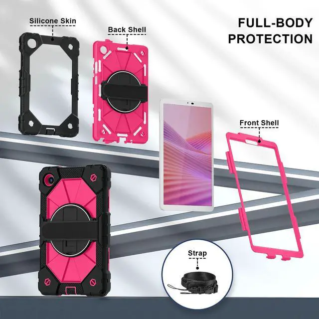 Alt view image 7 of 7 - WERLEO Shockproof Protective Case for Lenovo Tab One 8.7 inch 2025 / Tab K9 8.7" 2025 TB305XU TB305FU Tablet Cover with Pencil Holder Rotatable Kickstand Hand/Shoulder Strap Rose Red