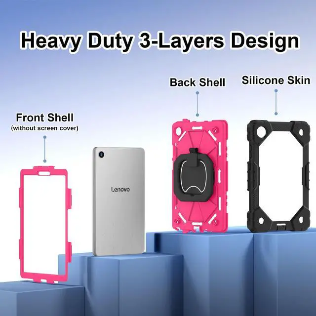 Alt view image 7 of 7 - WERLEO Case for Lenovo Tab One 8.7 inch 2025 / Tab K9 8.7" 2025 TB305XU TB305FU, Shockproof Protective Cover with Rotatable Kickstand/Hand Strap/Shoulder Strap Rose Red