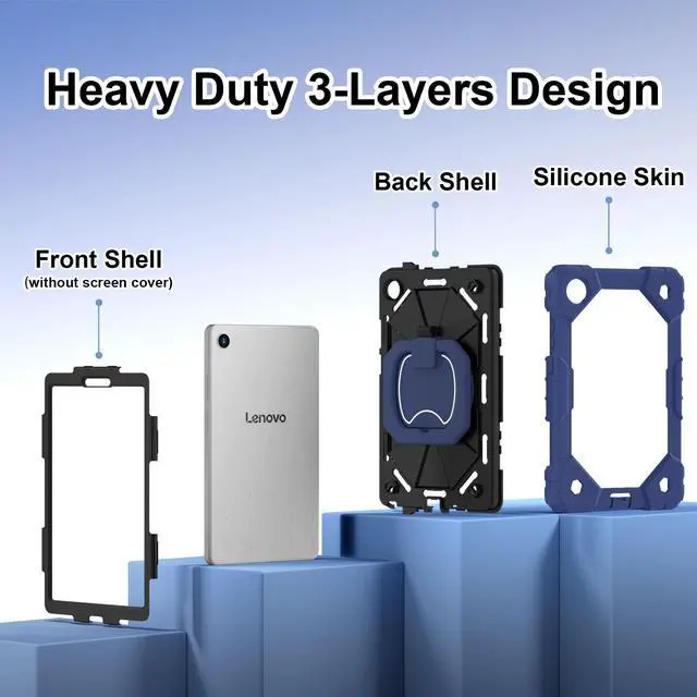 Alt view image 7 of 7 - WERLEO Case for Lenovo Tab One 8.7 inch 2025 / Tab K9 8.7" 2025 TB305XU TB305FU, Shockproof Protective Cover with Rotatable Kickstand/Hand Strap/Shoulder Strap Navy Blue