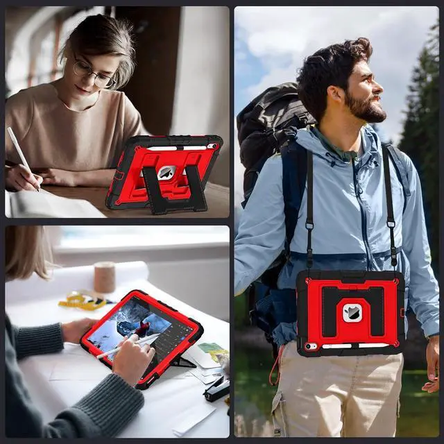 Alt view image 7 of 7 - WERLEO Case for iPad (A16) 11th Generation 11 Inch 2025, iPad 10th Generation 10.9 Inch 2022, Fully-Body Rugged Shockproof Protective Cover with Kickstand Pencil Holder Shoulder Strap Red