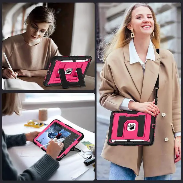 Alt view image 7 of 7 - WERLEO Case for iPad (A16) 11th Generation 11 Inch 2025, iPad 10th Generation 10.9 Inch 2022, Fully-Body Rugged Shockproof Protective Cover with Kickstand Pencil Holder Shoulder Strap Rose Red