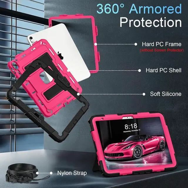 Alt view image 5 of 7 - WERLEO Case for iPad (A16) 11th Generation 11 Inch 2025, iPad 10th Generation 10.9 Inch 2022, Fully-Body Rugged Shockproof Protective Cover with Kickstand Pencil Holder Shoulder Strap Rose Red