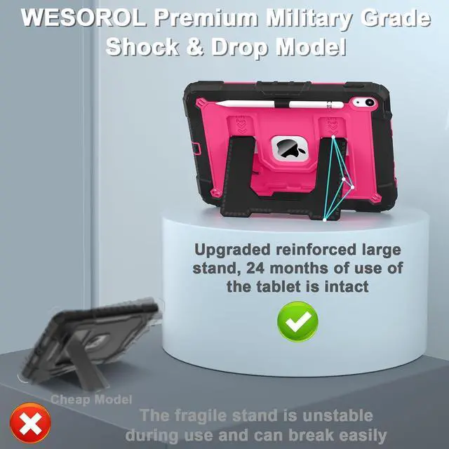 Alt view image 4 of 7 - WERLEO Case for iPad (A16) 11th Generation 11 Inch 2025, iPad 10th Generation 10.9 Inch 2022, Fully-Body Rugged Shockproof Protective Cover with Kickstand Pencil Holder Shoulder Strap Rose Red