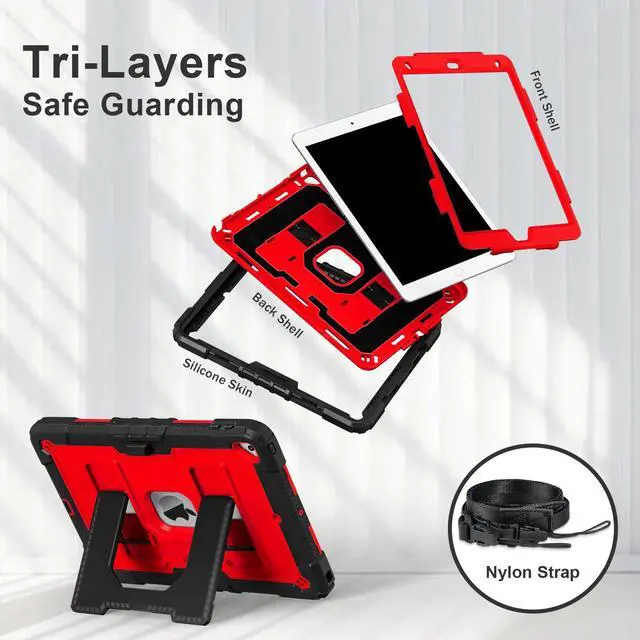 Alt view image 7 of 7 - WERLEO Case for iPad 9th 8th 7th Generation 10.2 inch 2021/2020/ 2019, Shockproof Protective Cover with Kickstand Shoulder Strap Red