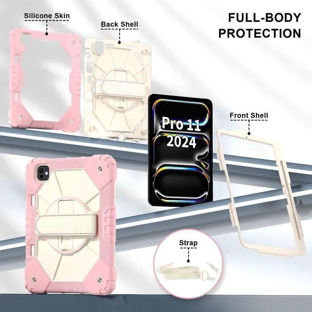 Alt view image 7 of 7 - WERLEO Case for iPad Pro 11 Inch (M4) 2024 Model A2836 A2837 A3006 with Rotating Stand Pencil Holder Hand/Shoulder Strap, Heavy Duty Shockproof Protective Cover Rose Gold