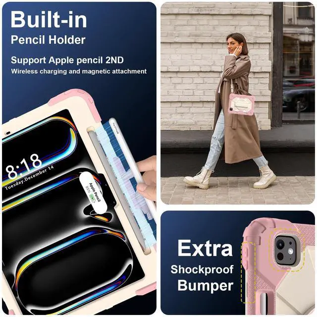 Alt view image 3 of 7 - WERLEO Case for iPad Pro 11 Inch (M4) 2024 Model A2836 A2837 A3006 with Rotating Stand Pencil Holder Hand/Shoulder Strap, Heavy Duty Shockproof Protective Cover Rose Gold