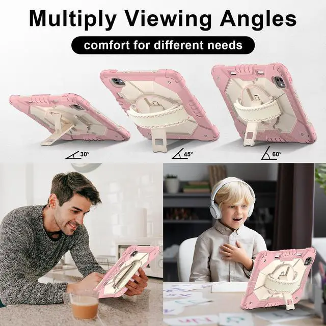 Alt view image 5 of 7 - WERLEO Case for iPad Pro 11 Inch (M4) 2024 Model A2836 A2837 A3006 with Rotating Stand Pencil Holder Hand/Shoulder Strap, Heavy Duty Shockproof Protective Cover Rose Gold