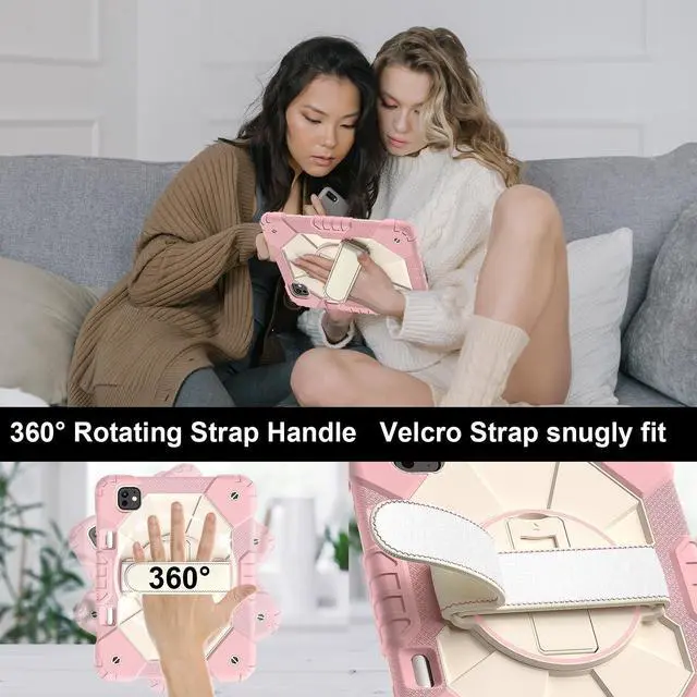 Alt view image 4 of 7 - WERLEO Case for iPad Pro 11 Inch (M4) 2024 Model A2836 A2837 A3006 with Rotating Stand Pencil Holder Hand/Shoulder Strap, Heavy Duty Shockproof Protective Cover Rose Gold