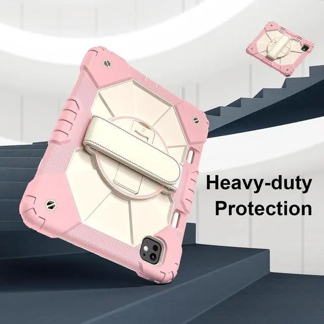 Alt view image 2 of 7 - WERLEO Case for iPad Pro 11 Inch (M4) 2024 Model A2836 A2837 A3006 with Rotating Stand Pencil Holder Hand/Shoulder Strap, Heavy Duty Shockproof Protective Cover Rose Gold