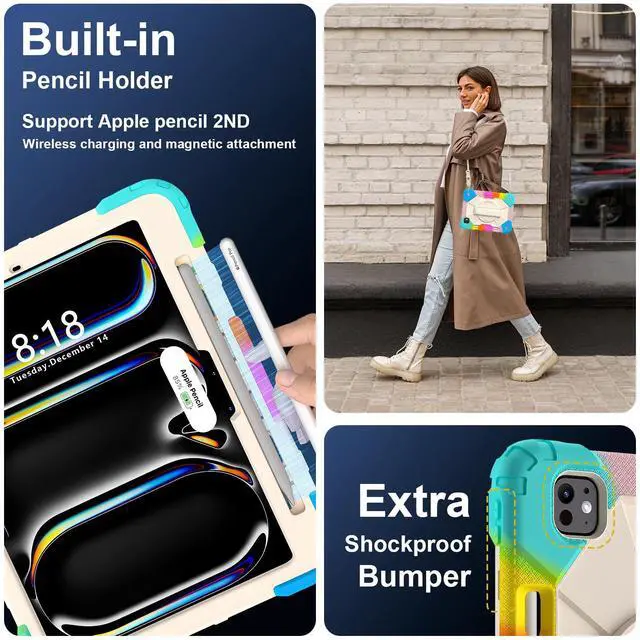 Alt view image 5 of 7 - WERLEO Case for iPad Pro 11 Inch (M4) 2024 Model A2836 A2837 A3006 with Rotating Stand Pencil Holder Hand/Shoulder Strap, Heavy Duty Shockproof Protective Cover Navy Blue Rainbow