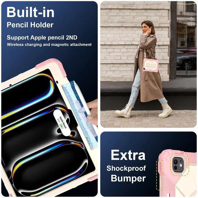 Alt view image 5 of 7 - WERLEO Case for iPad Pro 13 inch M5 2025 M4 2024 with Rotating Stand Pencil Holder Hand/Shoulder Strap, Heavy Duty Shockproof Protective Cover Rose Gold