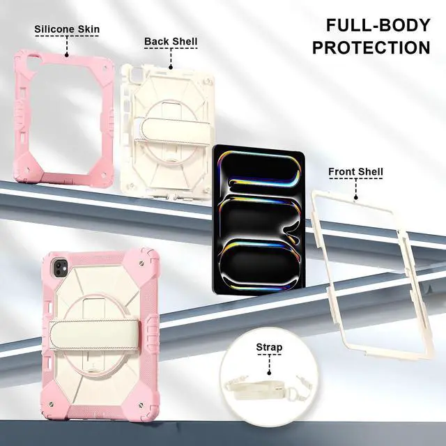 Alt view image 7 of 7 - WERLEO Case for iPad Pro 13 inch M5 2025 M4 2024 with Rotating Stand Pencil Holder Hand/Shoulder Strap, Heavy Duty Shockproof Protective Cover Rose Gold