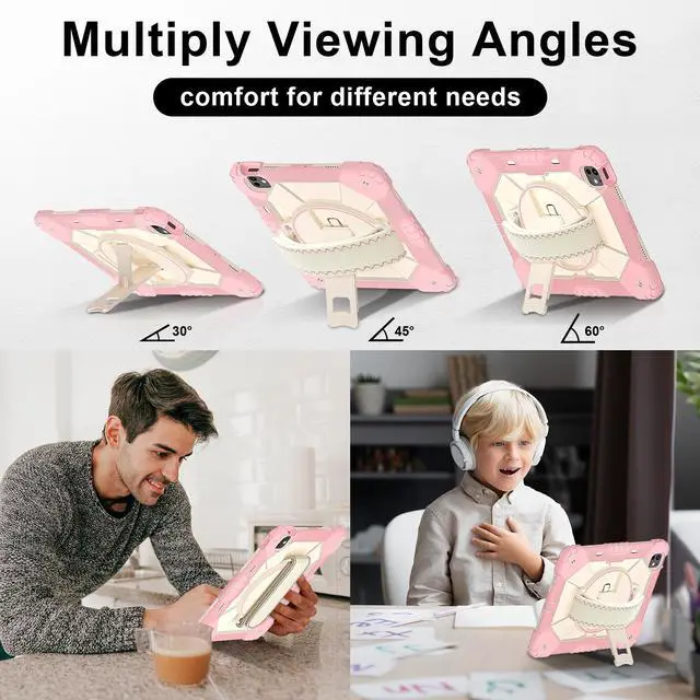 Alt view image 4 of 7 - WERLEO Case for iPad Pro 13 inch M5 2025 M4 2024 with Rotating Stand Pencil Holder Hand/Shoulder Strap, Heavy Duty Shockproof Protective Cover Rose Gold