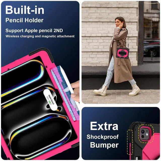 Alt view image 3 of 7 - WERLEO Case for iPad Pro 13 inch M5 2025 M4 2024 with Rotating Stand Pencil Holder Hand/Shoulder Strap, Heavy Duty Shockproof Protective Cover Rose Red