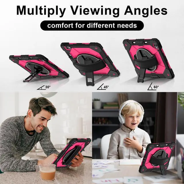 Alt view image 5 of 7 - WERLEO Case for iPad Pro 13 inch M5 2025 M4 2024 with Rotating Stand Pencil Holder Hand/Shoulder Strap, Heavy Duty Shockproof Protective Cover Rose Red