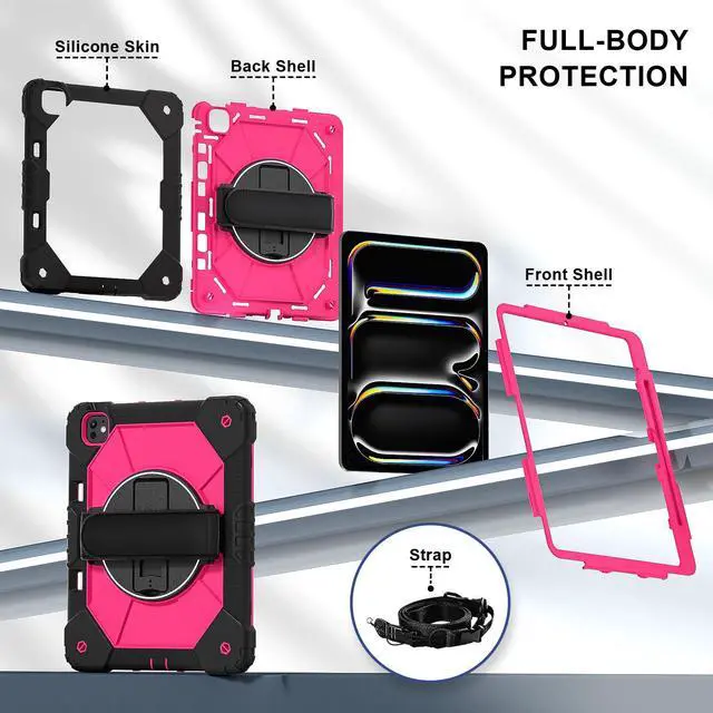 Alt view image 6 of 7 - WERLEO Case for iPad Pro 13 inch M5 2025 M4 2024 with Rotating Stand Pencil Holder Hand/Shoulder Strap, Heavy Duty Shockproof Protective Cover Rose Red